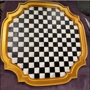 Hand-Painted Black & White Check Tray with Gold Scalloped Edge (16x16)